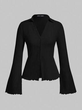 SHEIN - Lettuce Trim Button Front Trumpet Long Sleeve